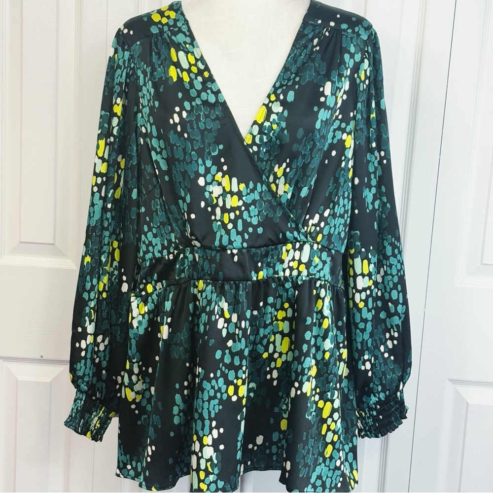 Torrid Green Dot Print Satin Surplice Tie Cutout Smocked Blouse 2X